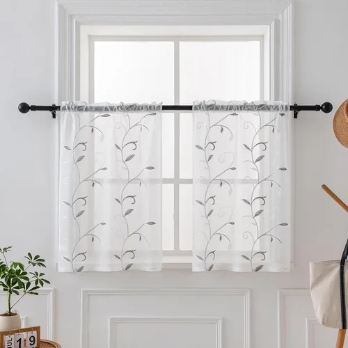 Vista 89 de VISIONTEX 2 paneles de cortinas traslúcidas de 63 in de largo, cortinas de gasa semitransparentes bordadas con hojas florales beige, bolsillo
