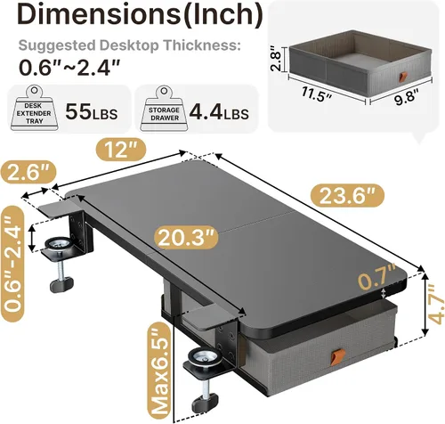 Vista 6 de PEGZONE Bandeja extensora de escritorio, estante de escritorio con abrazadera de 24 x 12 pulgadas, extensión de escritorio con cajón