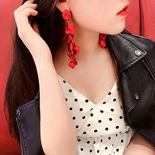 Vista 5 de Pendientes largos colgantes con borla y pétalos de rosa de resina para colgar con borla floral para mujeres y niñas regalos elegantes de joyería