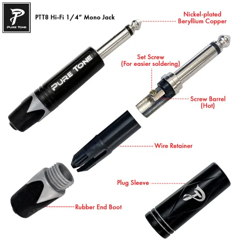 Vista 2 de Pure Tone PTT8 Hi-Fi 1/4" Mono Plug Extremo de enchufe de cable de alta calidad, paquete de 2