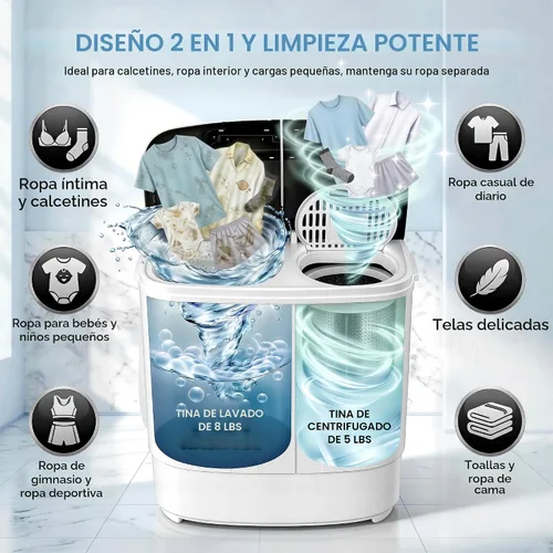 Vista 5 de HomGarden Lavadora portátil con doble tina, capacidad total de 13 libras, mini lavadora compacta y secadora de centrifugado con control