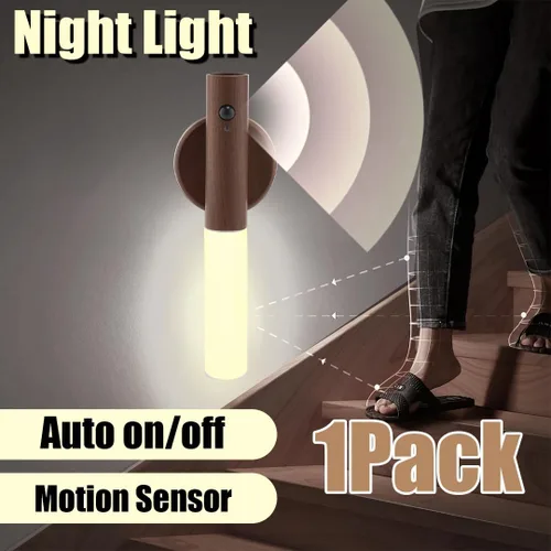 Vista 2 de Luces nocturnas con sensor de movimiento de madera LANDGOO Aplique de pared con pilas inalámbrico recargable LED para pasillo de cuerpo magnético