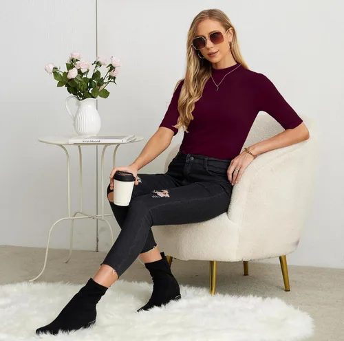 Vista 6 de PrinStory Camisetas de manga corta para mujer, para otoño, de negocios, elegantes, casuales, sin botones, a la moda 2023