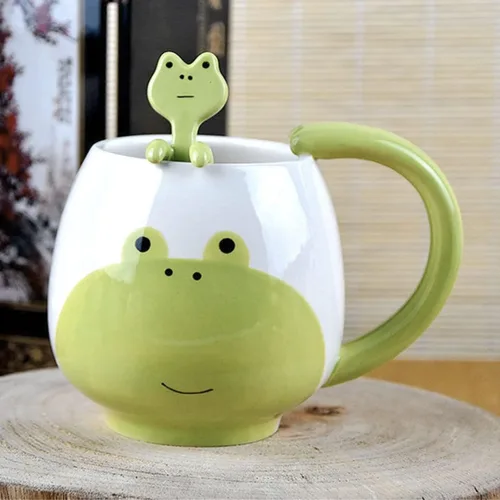 Vista 7 de Arawat Linda taza de café de rana con cuchara, diseño de ranas impresas, regalo de 14.2 fl oz, taza de café de cerámica kawaii, tazas divertidas