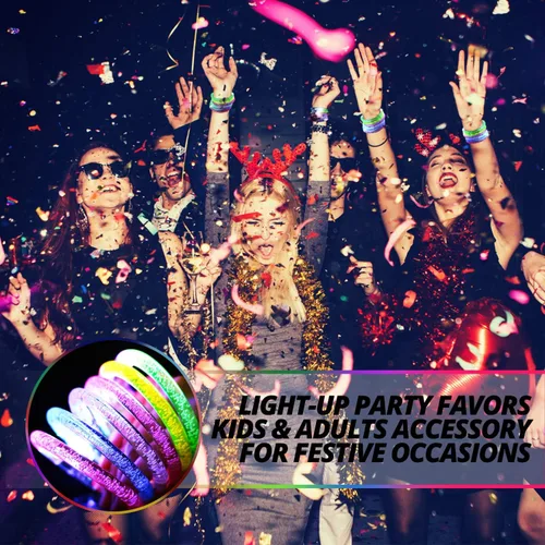Vista 7 de Novelty Place Juego de 12 pulseras LED brillantes – Juguetes iluminados para fiestas de niños y adultos – Accesorios que brillan en la oscuridad