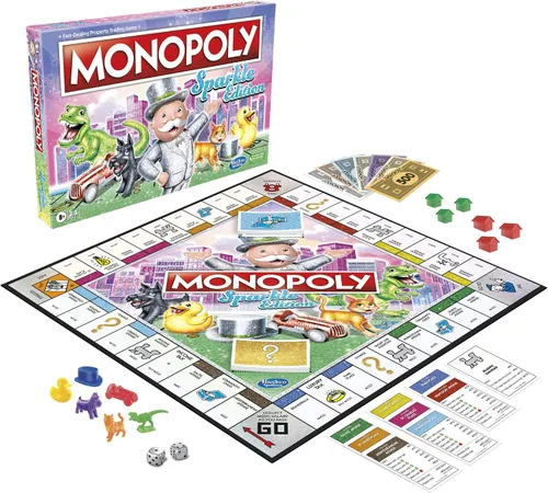 Vista 15 de Hasbro Gaming Monopoly Sparkle Edition Juego de mesa, juegos familiares, con fichas brillantes, dados nacarados, aspecto brillante