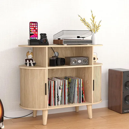 Vista 6 de LUVIOHOME Soporte redondo para tocadiscos, mesa de tocadiscos de mediados de siglo, estante para tocadiscos de vinilo con salida de corriente