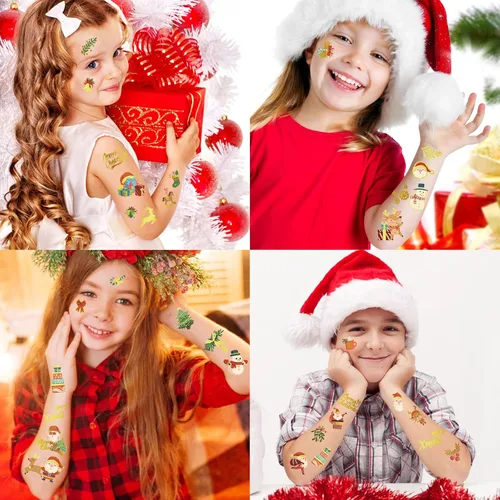 Vista 4 de 118 tatuajes de Navidad para niños, tatuajes falsos de Papá Noel, Rudolph árbol, muñeco de nieve, sombrero de muñeco de nieve, regalos de fiesta