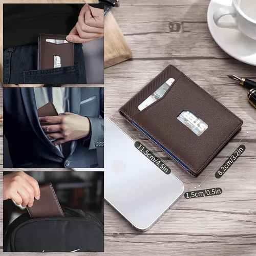 Vista 3 de SHOUCANGAR Cartera para hombre Cartera con bloqueo RFID para hombre con bolsillo frontal Carteras pequeñas con correa de efectivo (marrón)