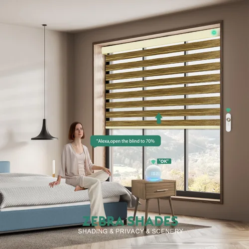 Vista 2 de Persianas motorizadas de cebra con control remoto [doble capa + filtro de luz] Persianas inteligentes 60% opacas para ventanas interiores