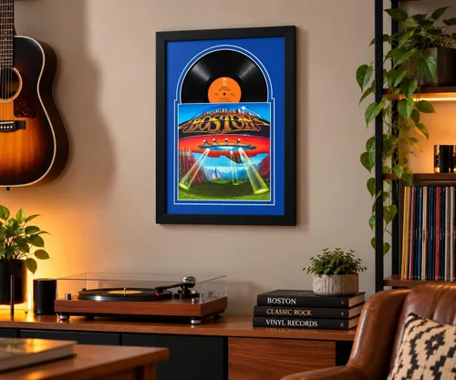 Vista 2 de Marco LP para álbum de discos con diseño de caja de juke mate azul oscuro y un marco de madera maciza (marco negro)