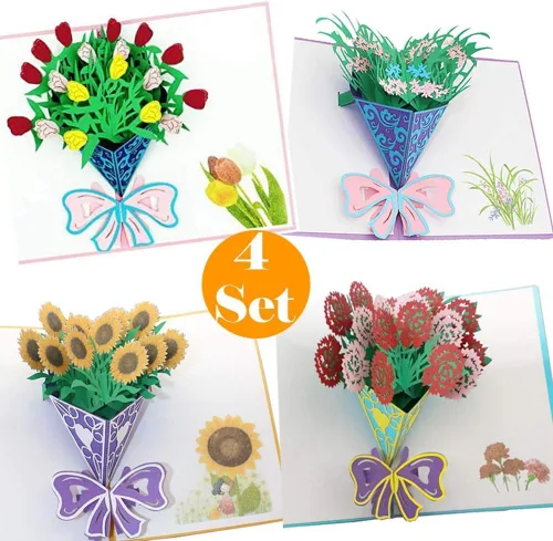 Vista 10 de Tarjetas emergentes de flores 3D, tarjeta de felicitación de flores con sobres para todas las ocasiones, 4 tarjetas de flores surtidas para Acción