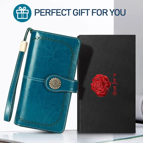 Vista 6 de HUANLANG Cartera grande de cuero para mujer con bolsillo para monedas, organizador de cartera RFID para mujer con correa para muñeca, Estilo 2