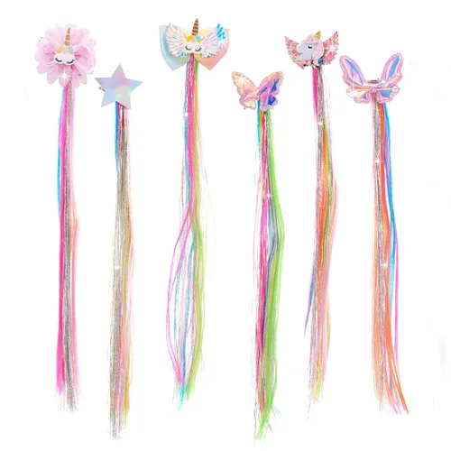 Vista 13 de 8 pinzas para el cabello para niñas, extensiones de cabello de arcoíris liso de animales para niños, accesorios para niñas pequeñas, colas