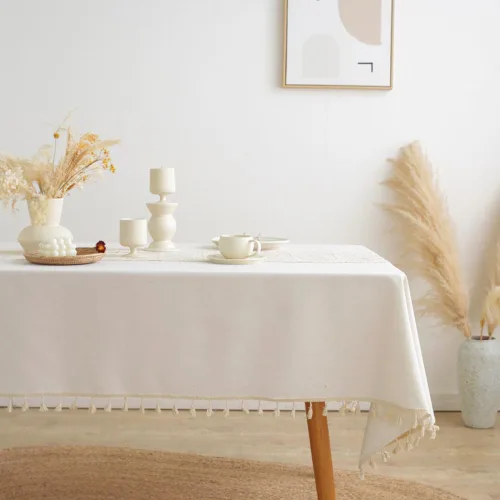 Vista 6 de AMZALI Mantel de lino de algodón, decoración de mesa de cocina y comedor, mantel de ganchillo texturizado para uso en exteriores e interiores, 55 x