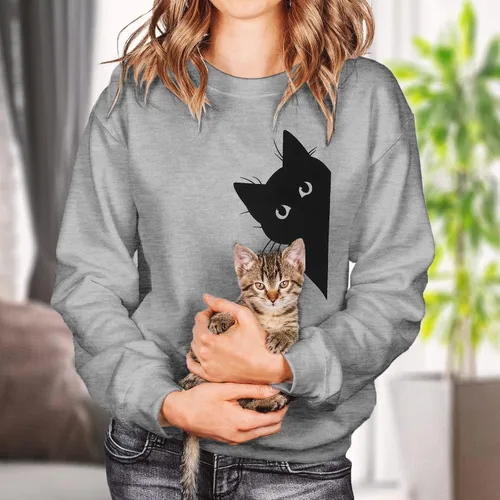 Vista 3 de FRYAID Sudadera con capucha ligera de manga larga con estampado de gato para mujer