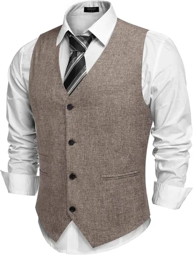 Vista 6 de COOFANDY Chalecos casuales de negocios para hombre, chaleco ligero de corte ajustado para traje Verde militar