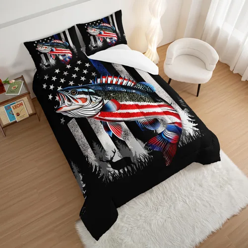 Vista 2 de HOSIMA - Juego de edredón individual de microfibra suave negro con 2 fundas de almohada, juego de ropa de cama individual a rayas con bandera