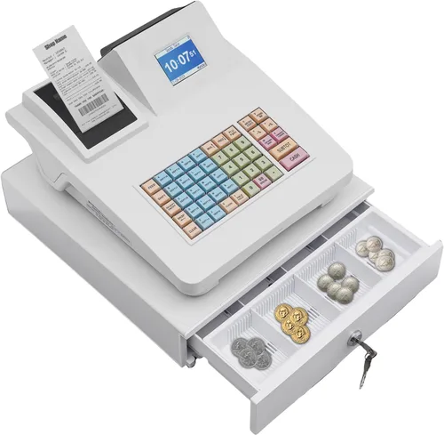 Vista 2 de Caja registradora electrónica de 48 teclas con cajón de efectivo, admite creación de informes y tecnología de impresión térmica, caja registradora