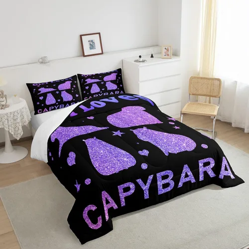 Vista 4 de Feelyou Juego de edredón de dibujos animados de Capybara, tamaño individual con 1 funda de almohada, juego de ropa de cama con estampado