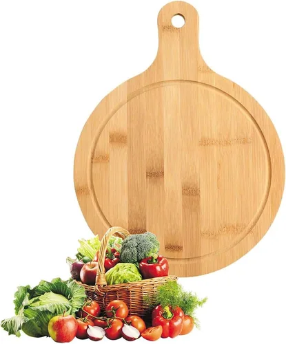 Vista 3 de Juego de tablas de cortar de bambú, 3 piezas, tablas de cortar carne, pala de pizza con mango para hornear pizza casera pan, pastel, frutas