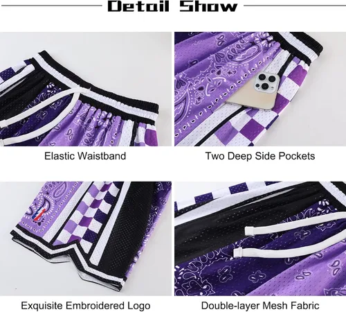 Vista 5 de BOOMLEMON Pantalones cortos de baloncesto para hombre, pantalones cortos de entrenamiento atléticos de cachemira, pantalones cortos de malla