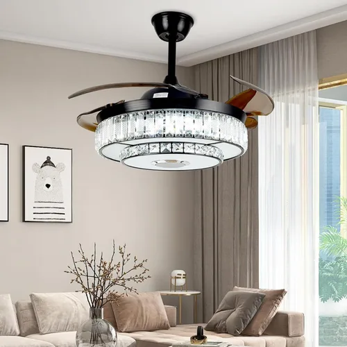 Vista 5 de Ventilador de techo retráctil de 42 pulgadas con luz y control remoto, candelabro negro cristal, moderno, comedor