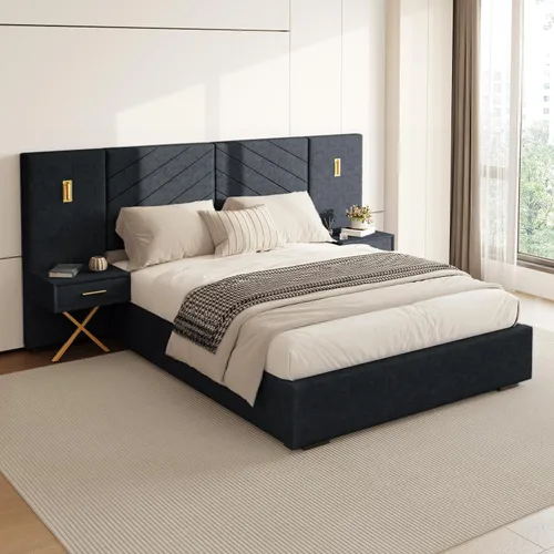 Vista 10 de DEINPPA Base de cama Queen de lujo con luces LED doradas integradas y mesitas de noche, cama de plataforma tamaño Queen con cabecera tapizada