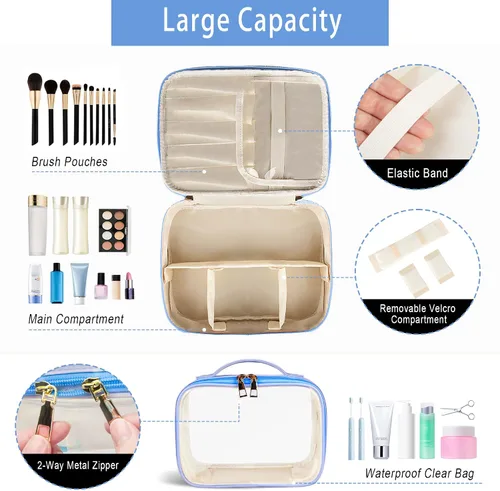 Vista 3 de Bolsa de maquillaje, 2 bolsas de cosméticos de piel sintética, estuche de maquillaje portátil de viaje, organizador de maquillaje grande con bolsa