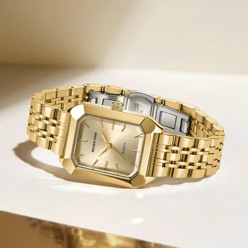 Vista 7 de GOLDEN HOUR Reloj rectangular de cuarzo para mujer, correa de acero inoxidable en tono dorado