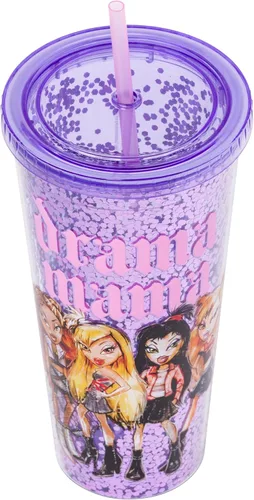 Vista 3 de Silver Buffalo Bratz Drama Mama con Cloe, Yasmin, Jade y Sasha - Vaso de plástico con confeti para bebidas frías, con tapa y popote, 32 onzas