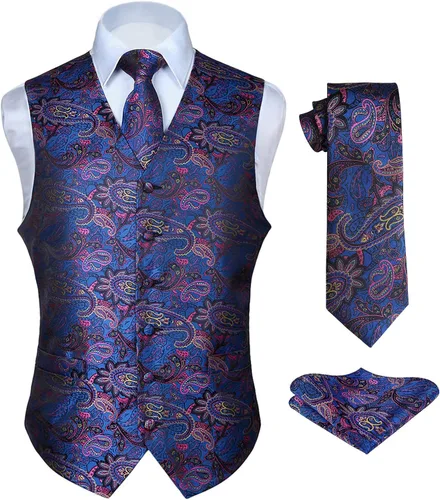 Vista 23 de HISDERN Conjunto de 3 piezas de chaleco formal para hombre, chaleco formal de cachemira floral jacquard corbata bolsillo cuadrado chalecos