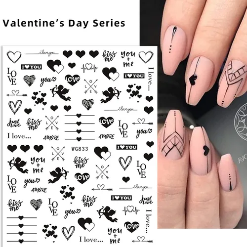 Vista 4 de Calcomanías para decorarte las uñas con diseños de San Valentín, diseño de corazón negro y relacionados con el amor, en 3D, autoadhesivas, letras, 6