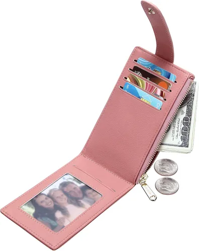 Vista 3 de OIDERY Cartera con tarjetero RFID para mujer, delgada, plegable, con cremallera, organizador de tarjetas, carteras con caja de regalo, Rosado