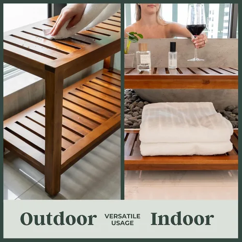Vista 6 de Banco de ducha de teca de 30 pulgadas – Banco de madera totalmente montado con estante, resistente al agua, pies ajustables antideslizantes – Spa
