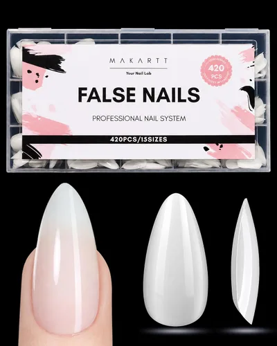 Vista 9 de Makartt Puntas de uñas de almendra blanca natural, 420 uñas postizas a presión de 15 tamaños, uñas postizas de PMMA de cobertura completa