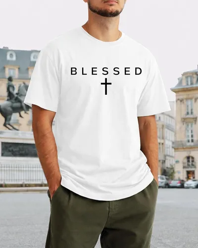 Vista 3 de KUYIGO Camiseta con estampado de cruz bendecida para hombre Blanco