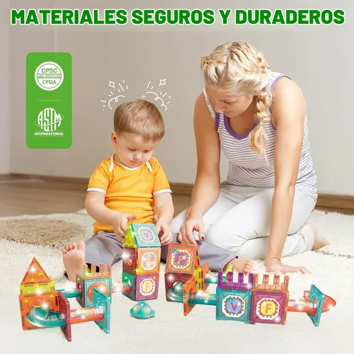 Vista 5 de Contixo Juguetes de construcción STEM – Juego de 65 piezas de azulejos magnéticos de mármol 3D para aprendizaje, apilables, juego de bloques