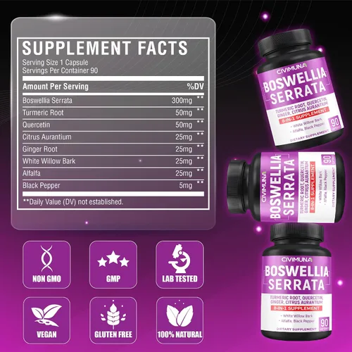 Vista 3 de Cápsulas de extracto de Boswellia 8550 mg 90 cápsulas - 3 meses de suministro Boswellia, cúrcuma, quercetina