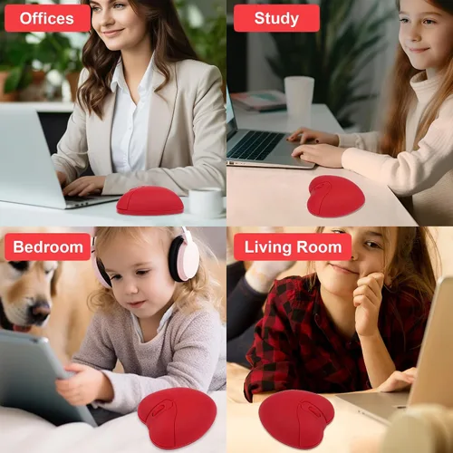 Vista 6 de Ratón inalámbrico Bluetooth lindo ratón rojo en forma de corazón 2.4GHz y Bluetooth 1000DPI Ratones ópticos de computadora con receptor USB, ratones