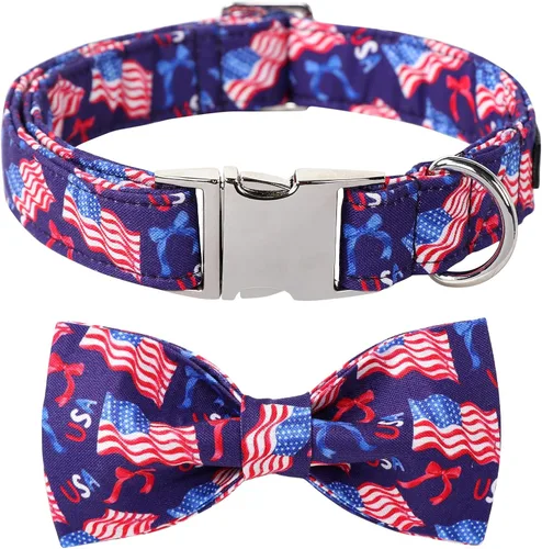 Vista 12 de Maca Bates - Collar de perro con bandera estadounidense del 4 de julio con pajarita para perros, corbatín de 4 de 7 banderas, azul, ajustable