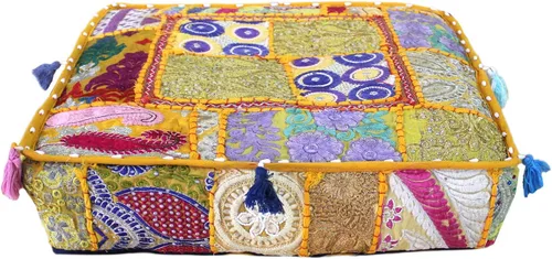 Vista 12 de CRAFT KALA Funda de Puf Tradicional de Retazos Cuadrada India Pufs de Sala de Estar India Otomana de Diseñador Bordada Decorativa Hogar Vida Rosa