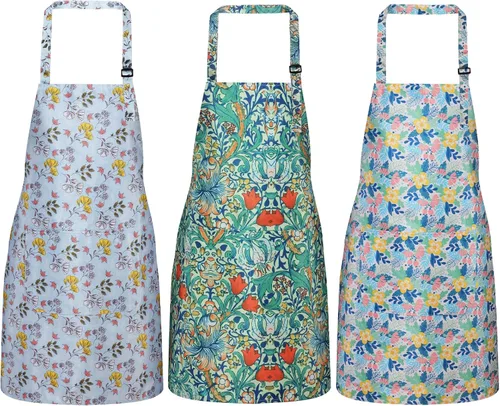 Vista 11 de Paquete de 3 delantales florales impermeables para mujer, correa ajustable con bolsillo, multiusos para cocina, arte, jardín