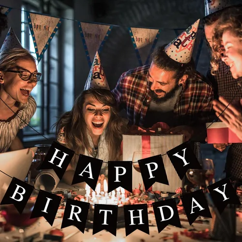 Vista 5 de Hooqict Cartel de feliz cumpleaños negro para telón de fondo, decoraciones de cumpleaños negras para hombres y mujeres, suministros de fiesta