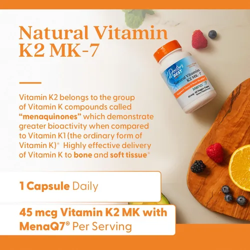 Vista 4 de Doctor's Best Vitamina natural K2 MK-7 con MenaQ7 blanco sin sabor, 60