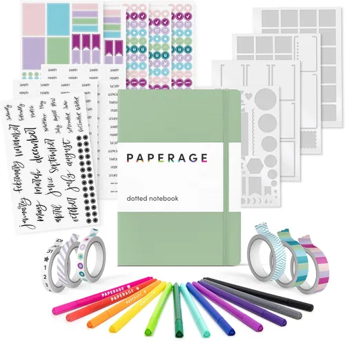 Vista 11 de PAPERAGE Kit de diario de viñetas, juego de diario punteado y kit estacionario, cuaderno de tapa dura con puntos (rubor), 12 bolígrafos finos, 8