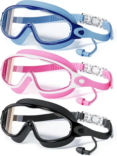 Vista 10 de Paquete de 3 gafas de natación para niños, con tapones para los oídos, marco grande, antivaho, UV, visión amplia, para niños y niñas de 4 a 12 años
