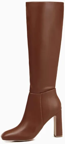 Vista 5 de Coutgo Botas altas de tacón grueso para mujer, botas altas clásicas de cuero con punta cuadrada con cremallera