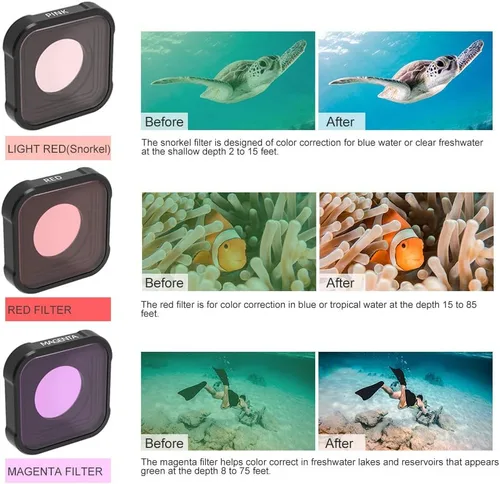 Vista 2 de QKOO Filtro submarino para buceo rojo/rosa/magenta para GoPro Hero 13 12 11 10 9 negro