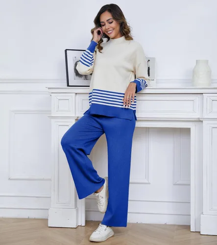 Vista 4 de ELLENWELL Casual Sweater Sets Women 2 piece Outfits Long Sleeve Striped Pullover Top Wide Leg Pants Matching Lounge Sets
